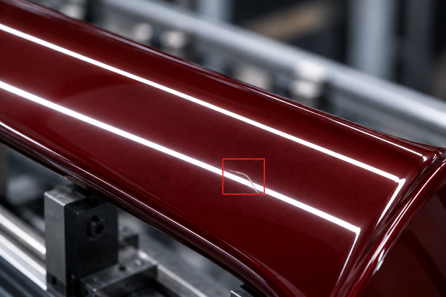Vision AI inspecting a defect on a reflective red automotive surface