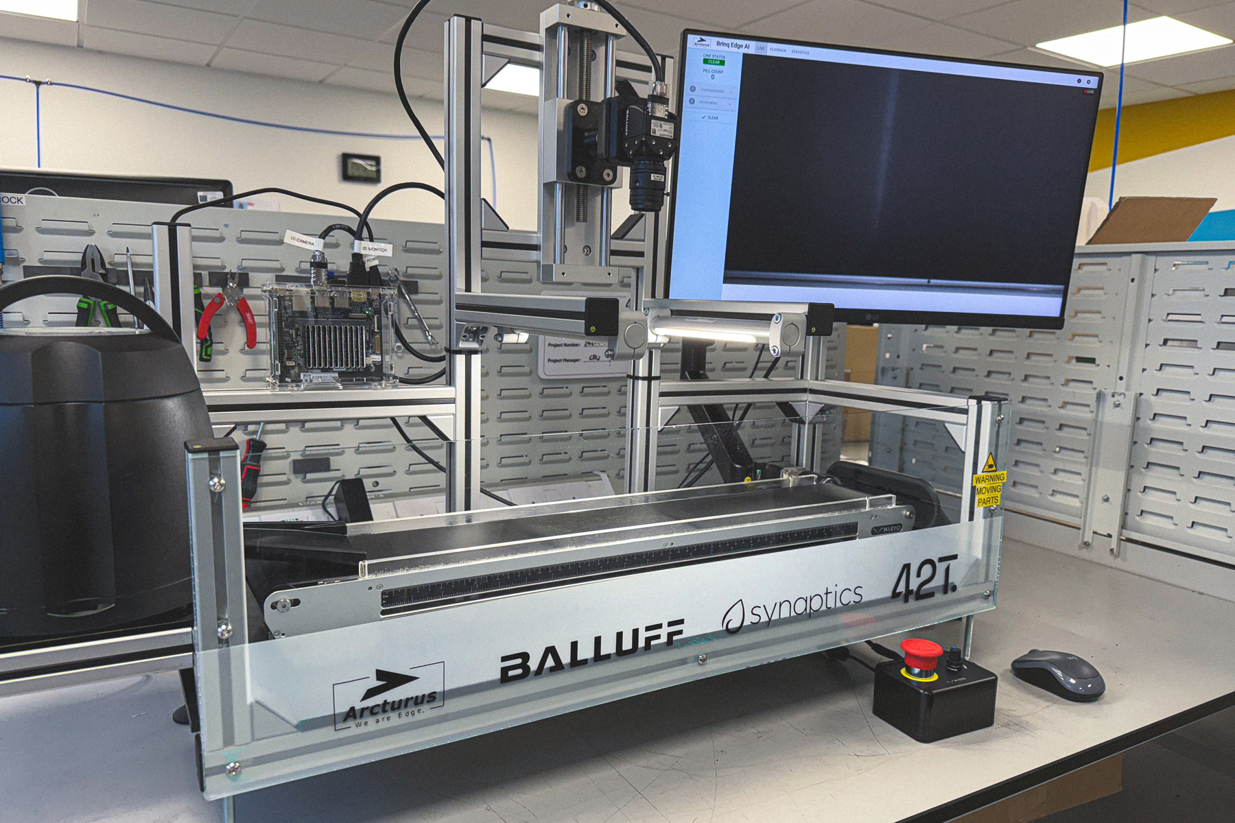BrinqAI x 42T edge-AI line clearance demonstrator with Balluff camera, Synaptics Astra board and live BrinqAI UI